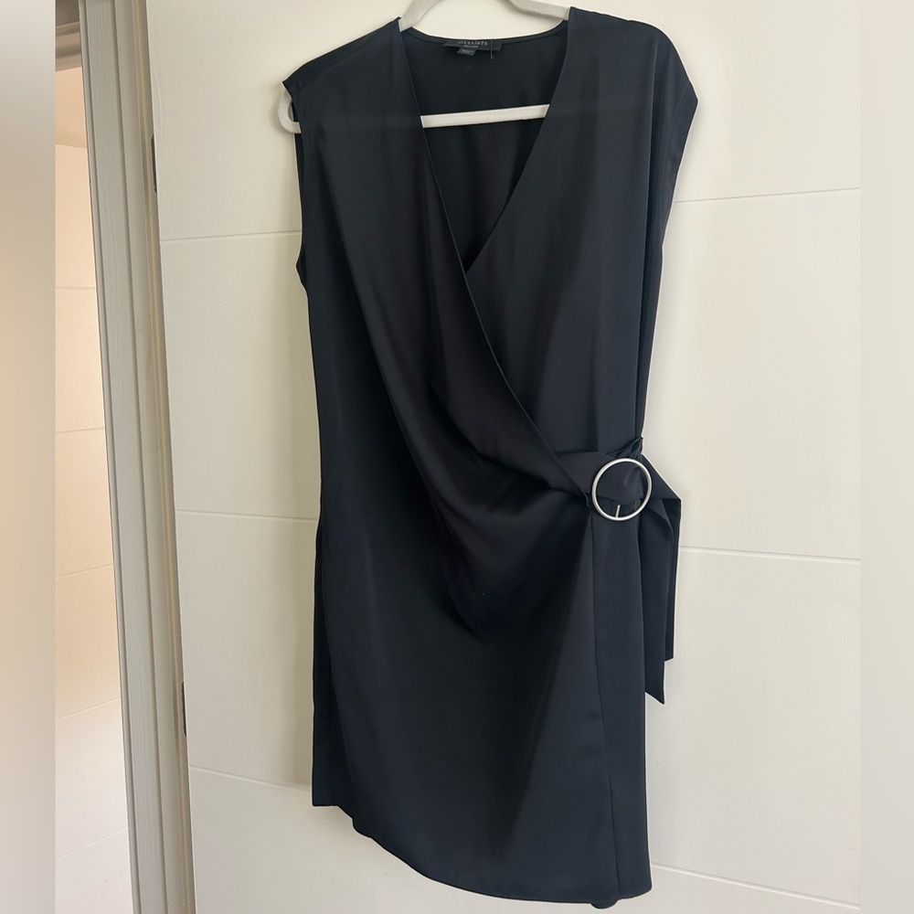 AllSaints Callie Black Wrap Mini Dress with Silver Ring Size Medium
